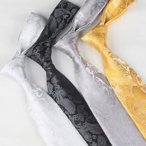 英伦风佩斯利花纹领带男8cm结婚晚装宴会男士领带白色金黄色领带