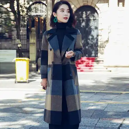 诗语诺双面羊绒大衣86263流行格子大衣女中长款秋冬新品赫本风毛呢外套图片大全邮乐官方网站