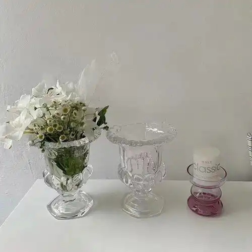 ins法式复古高脚透明水晶玻璃花瓶桌面装饰摆件水养插花干花瓶mq