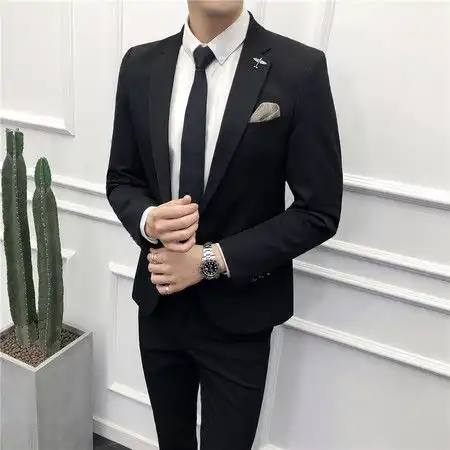 汤河之家秋冬新款纯色男款修身西装套装精品男士西服三件套商务休闲正装西b