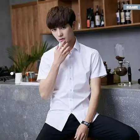 汤河之家2018夏季新款纯色薄款男士宽松尖领短袖衬衫商务休闲衬衣