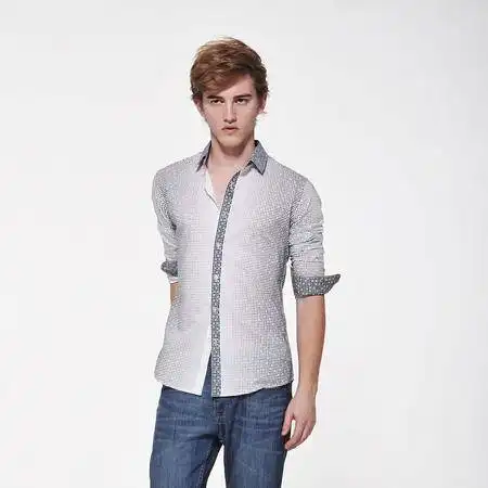 jipu积普男装马赛克递进渐变优雅水绿色纯棉特色修身衬衫图片大全邮乐官方网站