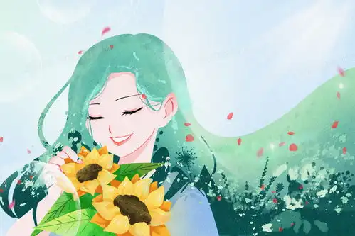 绿色长发唯美清新春天捧着向日葵的女孩合成插画图片素材下载psd格式熊猫办公