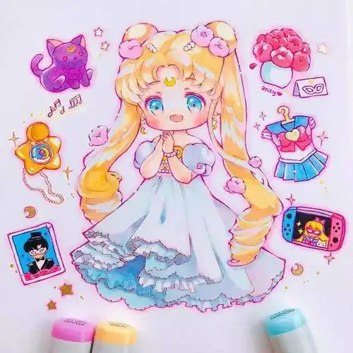 40张超级卡哇伊女生动漫q版马克笔上色造型色彩都好看