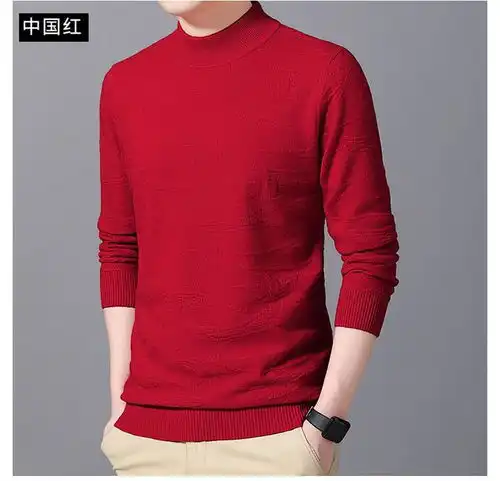 汤河之家纯羊毛针织衫男中国红圆领毛衣休闲保暖羊毛衫男装