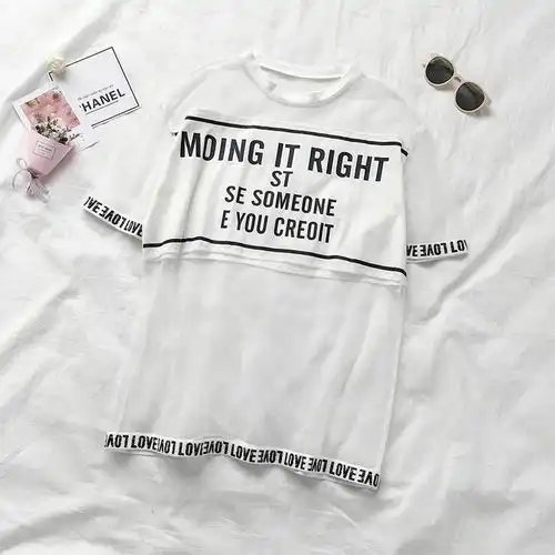 怪味少女网纱拼接黑白短袖小众t恤女学生韩版宽松ins丧系bf上衣服