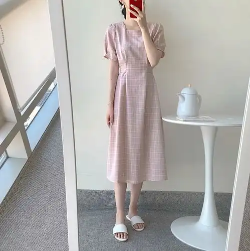 韩国夏季新款女装格子连衣裙复古气质方领中长款系带连衣
