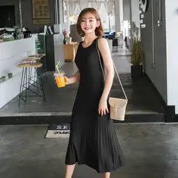 洋湖轩榭韩国ins超火针织打底长款冰丝曲珠圆领无袖背心春夏连衣裙女装