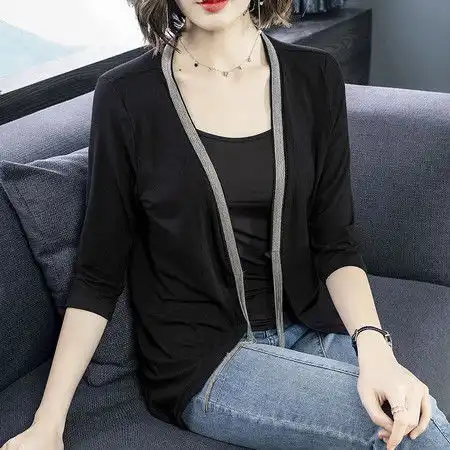 施悦名短外套女拼接流苏百搭休闲开衫2019夏秋季新款女装气质黑色显瘦披肩a