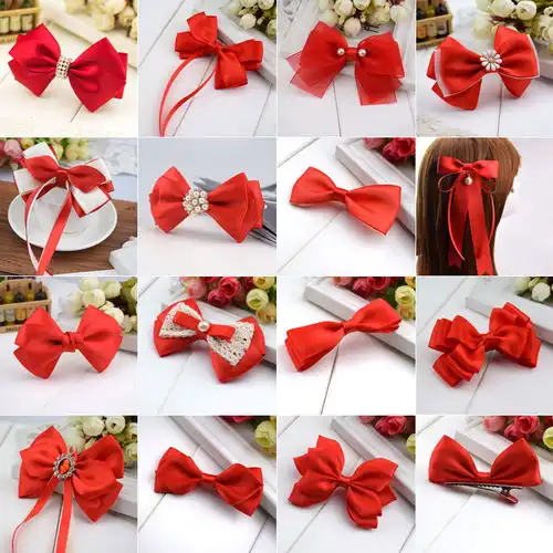 女孩头花饰品蝴蝶结发夹甜美可爱少女红色表演服饰配饰头饰发饰