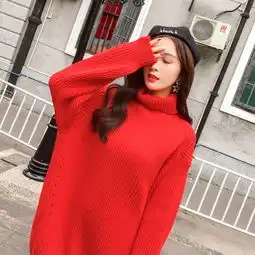 古兰衣实拍2018大红色秋冬高领慵懒风套头宽松大码毛衣女加厚中长款打底毛衣裙潮