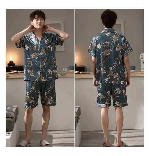汤河之家男士冰丝睡衣夏衬衫式短袖短裤薄款韩系印花宽松丝绸家居服套装男