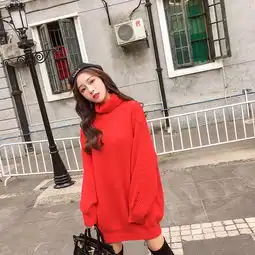 古兰衣实拍2018大红色秋冬高领慵懒风套头宽松大码毛衣女加厚中长款打底毛衣裙潮