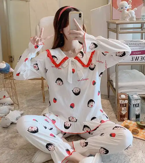 卡通纯棉睡衣女春秋长袖可爱日系少女学生韩版ins居家休闲两件套