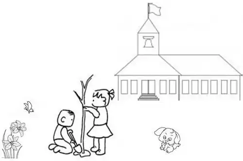 画一张简笔画叫愉快的一天需要包含一个建筑两个人物两个植物两个动物可以有大致的图片吗