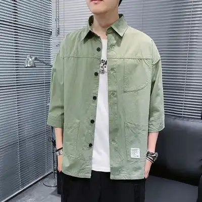 港风男士新款七分袖衬衫薄款工装休闲衬衣半袖外套纯棉宽松日系潮