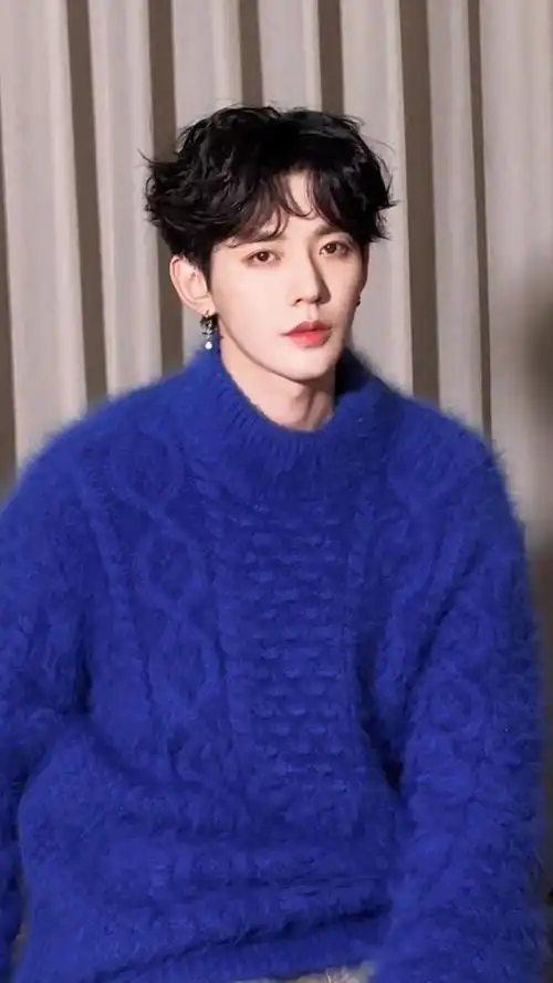 冬日男友上线邓为卷毛克莱因蓝色毛衣,漫画中走出来的美男子
