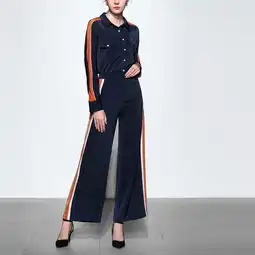 2018秋装新款欧美时尚运动风撞色拼接衬衣高腰显瘦阔腿裤套装
