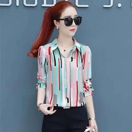 春秋新款衬衫女长袖2019上衣chic港风polo衫韩范短袖条纹衬衣女装