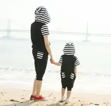 亲子装14新款夏装纯棉黑白条纹连帽裤套装一家三口装2件套母女装