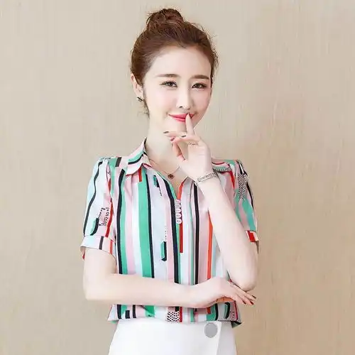 2018年新品时尚气质雪纺衫女装夏款潮红色小衫韩版衬衫防晒服