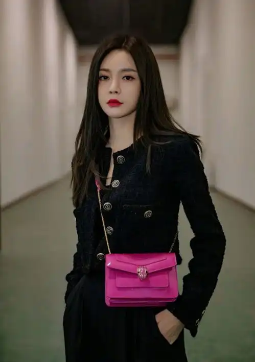 沈梦辰厉害了,把黑色服装穿出了时尚感,玫红色挎包的点缀是亮点