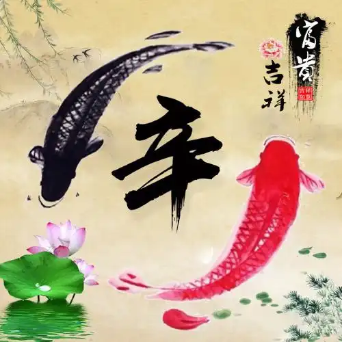 富贵吉祥微信姓氏头像,黑红双鱼荷花加松枝主题的