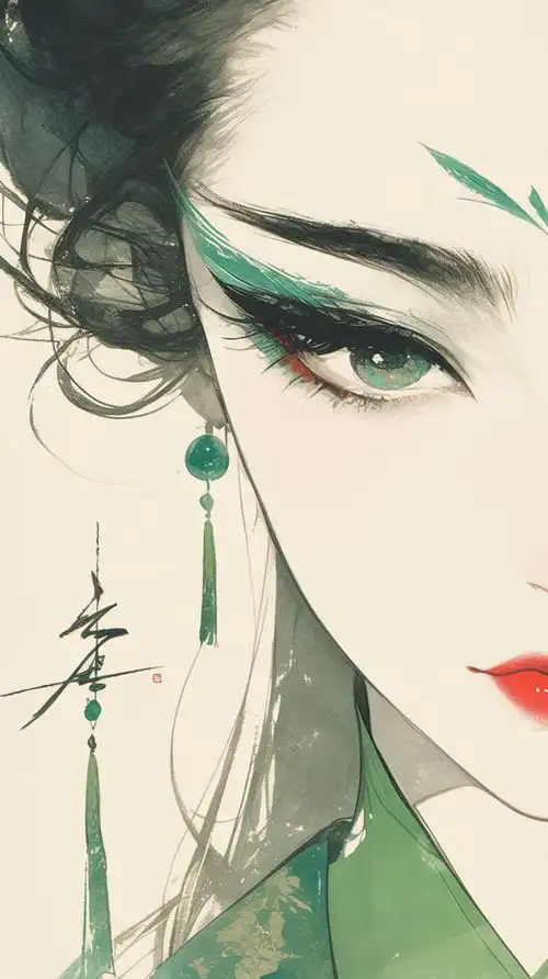 蓝青色系的古风美女手机壁纸