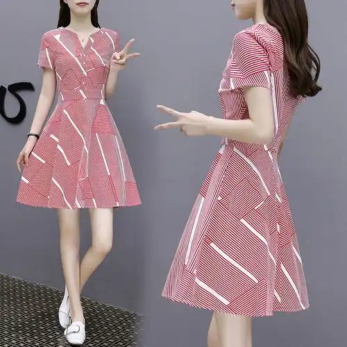 2019春夏装新款女装ins超火a字裙气质条纹v领雪纺连衣裙女中长款