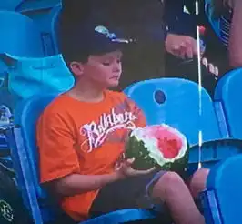 澳小男孩板球赛场啃西瓜引关注抢走比赛风头