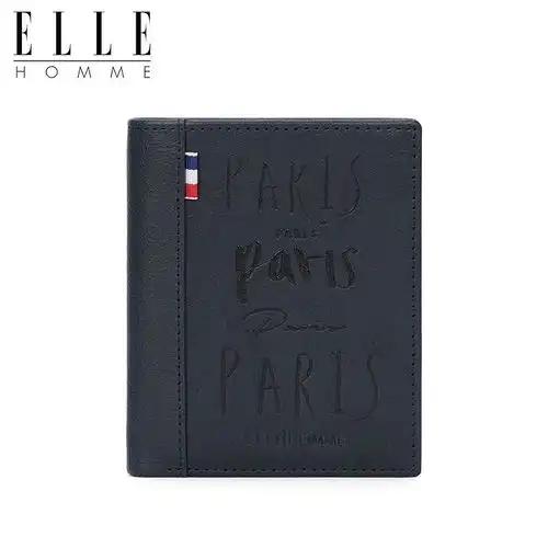 原价269现价241ellehomme男士钱包短款头层牛皮钱夹个性撞色横款巴黎系列礼物送男友送老公蓝色竖款