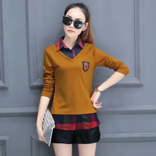 春装女新款t恤ins风衬衣领两件短袖情侣季上2019潮半翻学生一字肩