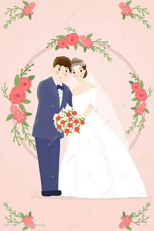 手绘小清新婚庆主题情侣结婚婚纱照插画图片千库网