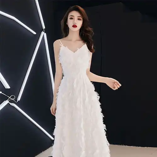 吊带性感小礼服裙女白色长款名媛时尚学生毕业季仙女系连衣裙显瘦