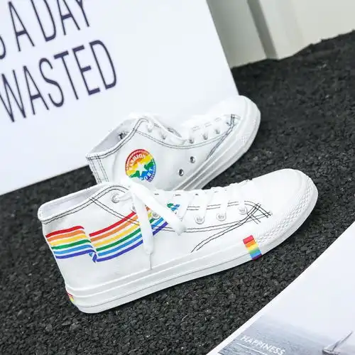 男鞋春秋2020新款休闲彩虹底鞋韩版帆布鞋男百搭网红帆布高帮板鞋