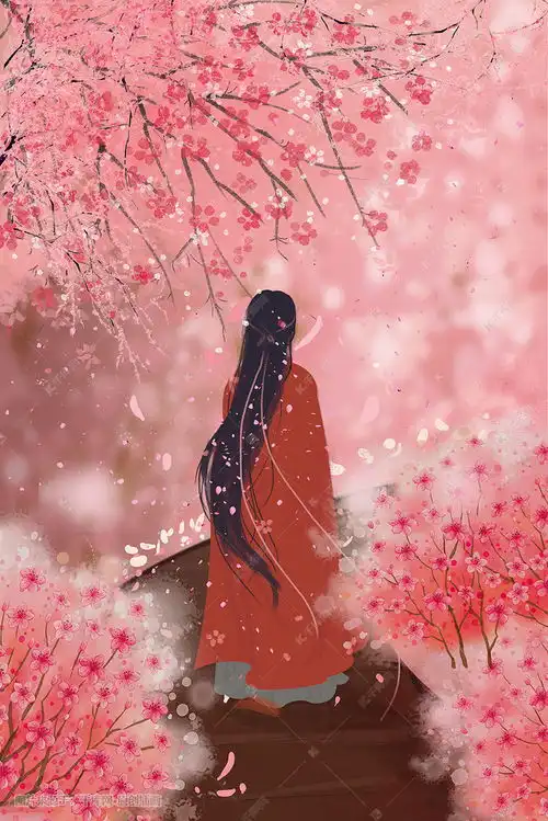 古风长发女孩樱花平桥唯美治愈粉色系中场景插画图片千库网