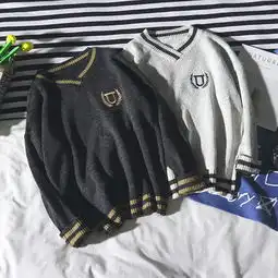 原创日系复古针织衫男休闲秋冬季潮流韩版v领毛衣个性毛衣男线衣一件代发