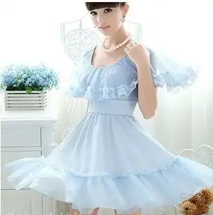 粉红大布娃娃2012春夏新款清新天蓝唯美荷叶领飘逸雪纺连衣裙