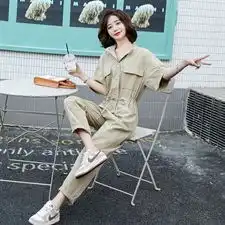 立领连衣裤2021夏装新款简约时尚百搭工装风抽绳收腰显瘦连体裤女