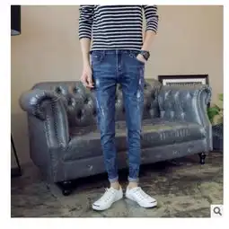 修身青少年破洞9分小脚裤潮男弹力裤黑色九分牛仔裤男士韩版亨镇