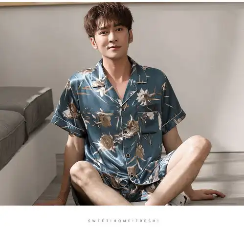 汤河之家男士冰丝睡衣夏衬衫式短袖短裤薄款韩系印花宽松丝绸家居服套装男