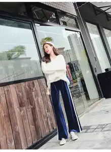 丝绒超火的休闲运动长裤宽松阔脚开叉裤子韩国潮流行阔腿女裤依生