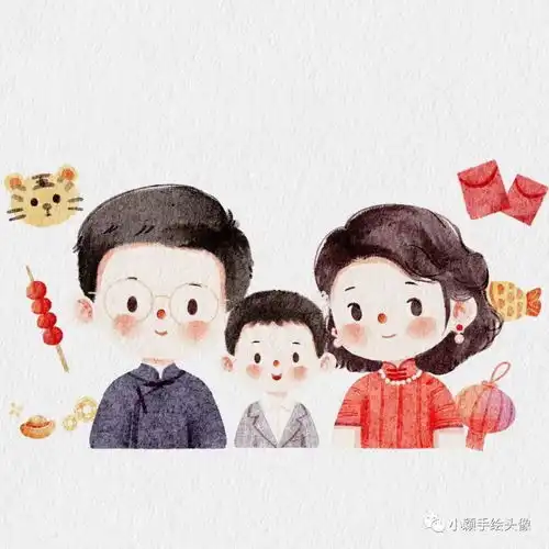 一家三口新年喜庆头像,精致漫画风家庭头像,幸福满满迎新年