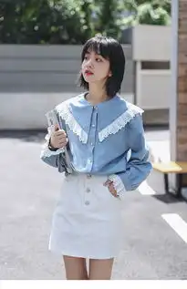 2019秋季新款韩版甜美少女蕾丝拼接娃娃领宽松浅蓝色牛仔衬衫女潮llj266292