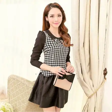 崎淇2014年新款淑女娃娃领相拼百皱连衣裙qd14cl5352图片大全邮乐官方网站