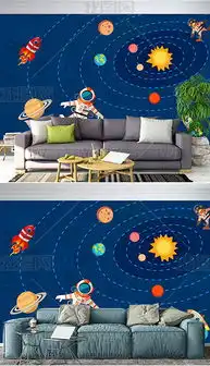 手绘卡通太阳系星空儿童房背景墙图片素材效果图下载