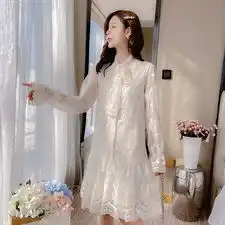 8465早春新款甜美蝴蝶结系带领刺绣网纱连衣裙女过膝淑女裙