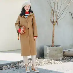 实拍2018秋冬韩国优雅气质温柔蓝色减龄羊角扣连帽廓形长款毛呢外套女