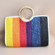 彩虹条纹女生百搭手提草编包