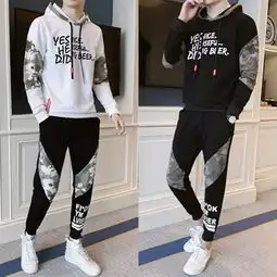 潮男卫衣2019新款韩休闲印花拼色迷彩潮流青少年外套套装tz601p85